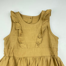 Load image into Gallery viewer, Girls mustard, cotton ruffle dress, no labels, armpit to armpit: 28cm, EUC, size 3, L: 54cm