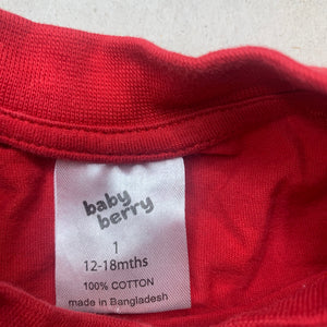 Girls Baby Berry, red cotton Christmas t-shirt / top, EUC, size 1,  