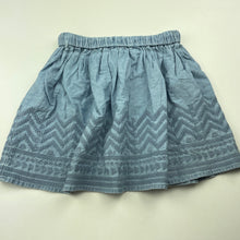 Load image into Gallery viewer, Girls Cotton On, embroidered chambray cotton skirt, elasticated, L: 30cm, GUC, size 6,  