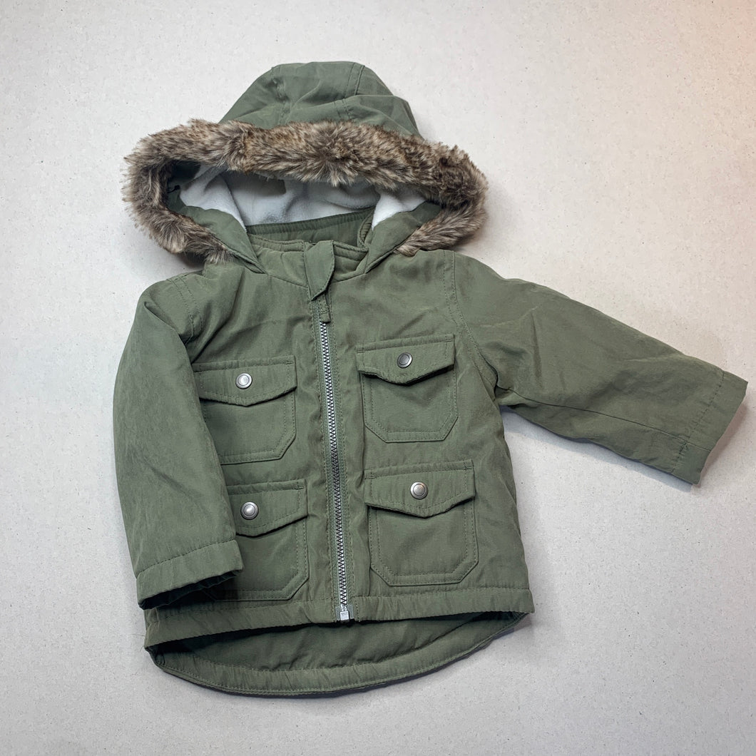 Boys Target, khaki zip up jacket / coat, dinosaur, GUC, size 00,  