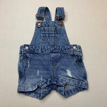 Load image into Gallery viewer, unisex Baby Berry, distressed denim overalls / shortalls, GUC, size 00,  