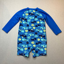 Load image into Gallery viewer, Boys blue, all-in-one rashie suit, sharks, no labels, GUC, size 0-1,  