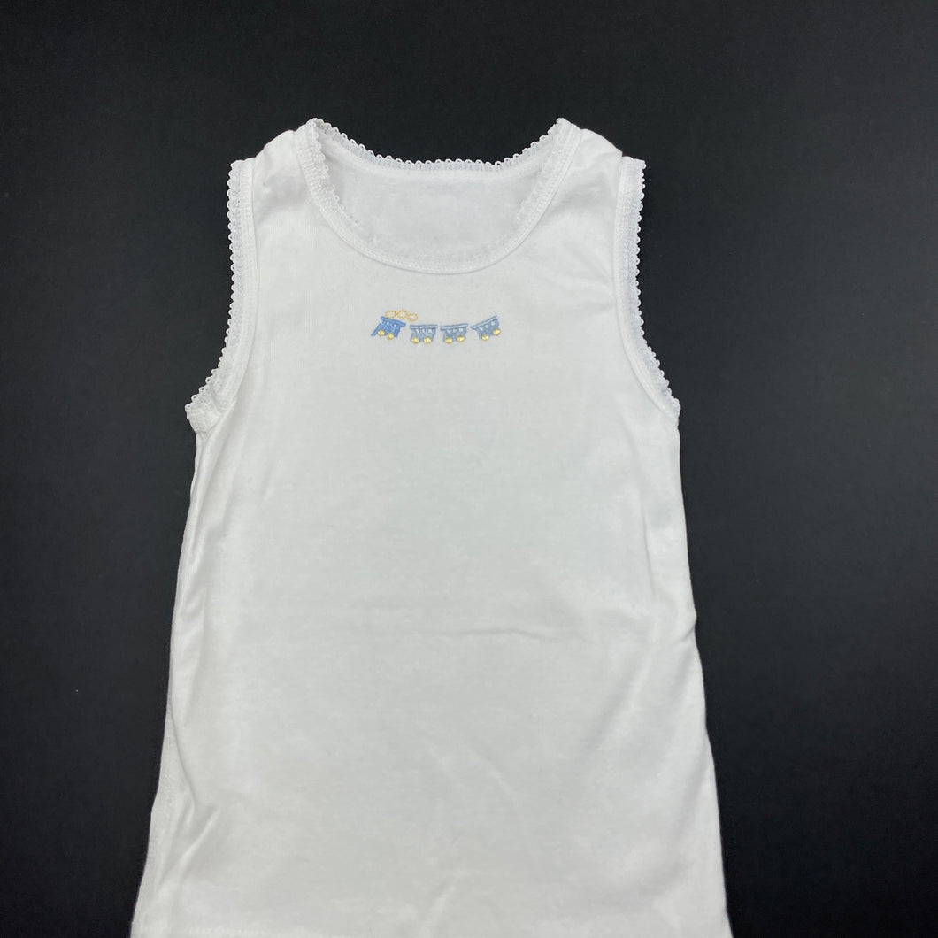 Boys Marquise, white cotton singlet top, train, EUC, size 0,  