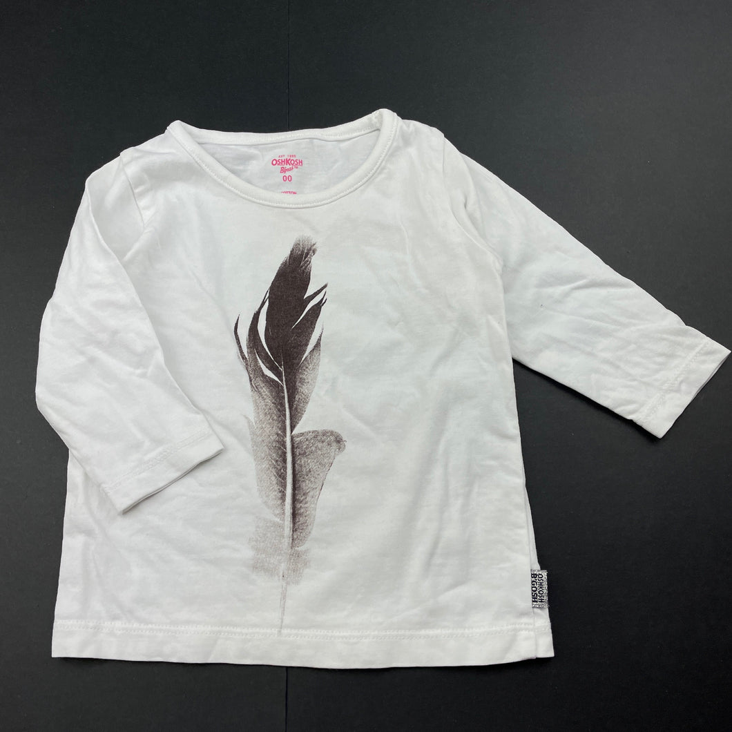 Girls Osh Kosh, white cotton long sleeve top, feather, GUC, size 00,  