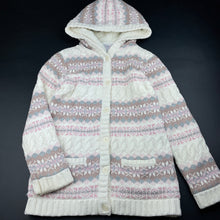 Load image into Gallery viewer, Girls Nula Bug, thick fleece lined cable knit hooded long cardigan, L: 59cm, marks on cuffs, FUC, size 12,  