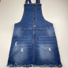 Load image into Gallery viewer, Girls B Collection, distressed stretch denim overalls dress, GUC, size 16, L: 80cm