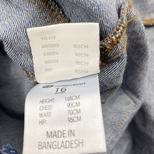 Load image into Gallery viewer, Girls B Collection, distressed stretch denim overalls dress, GUC, size 16, L: 80cm