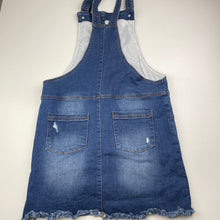 Load image into Gallery viewer, Girls B Collection, distressed stretch denim overalls dress, GUC, size 16, L: 80cm