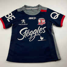 Load image into Gallery viewer, Boys ISC, Sydney Roosters jersey, marks on print &amp; catches, armpit to armpit: 35cm, FUC, size 6-8,  
