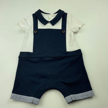 Load image into Gallery viewer, Boys Arthur Ave, navy &amp; white cotton romper, light marks on shoulders, FUC, size 00,  