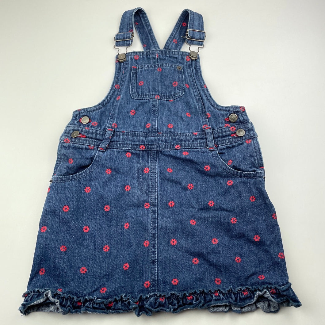 Girls Bopster & Mini, floral denim overalls dress, GUC, size 5, L: 54cm