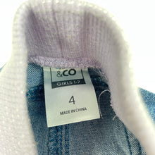 Load image into Gallery viewer, Girls Kids &amp; Co, blue stretch denim pants, elasticated, Inside leg: 42.5cm, FUC, size 4,  