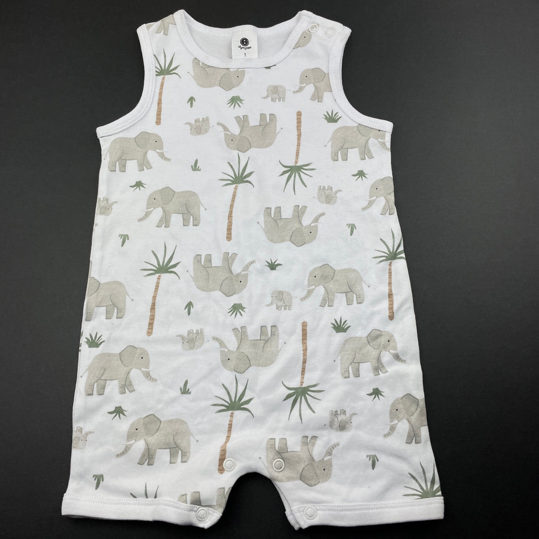 unisex Dymples, cotton romper, elephants, EUC, size 1,  