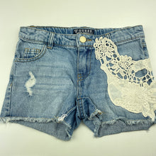 Load image into Gallery viewer, Girls Guess, lace trim distressed denim shorts, adjustable, GUC, size 7,  