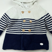 Load image into Gallery viewer, unisex Bonjour Bebe, knitted cotton hooded cardigan / sweater, EUC, size 0,  