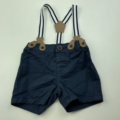Boys Target, navy stretch cotton suspender shorts, adjustable, EUC, size 000,  