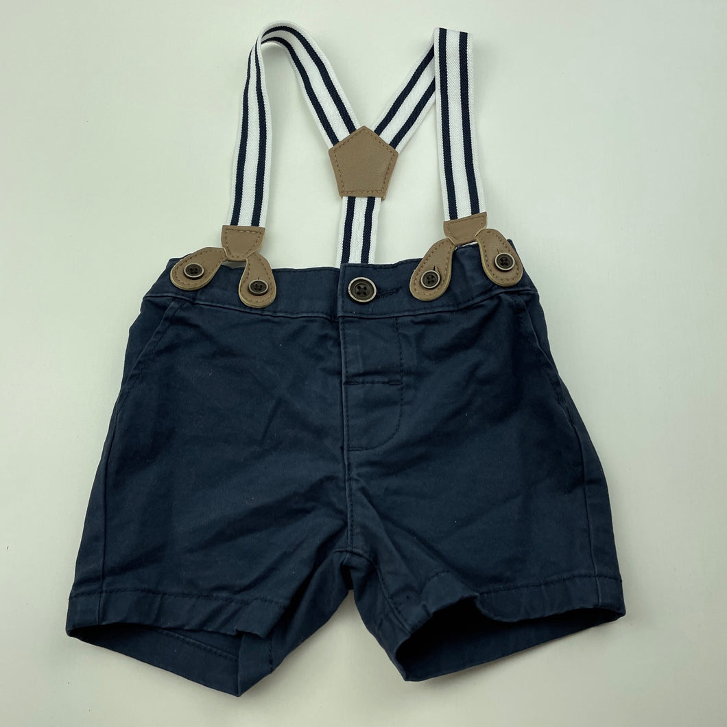 Boys Target, navy stretch cotton suspender shorts, adjustable, EUC, size 000,  
