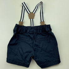 Load image into Gallery viewer, Boys Target, navy stretch cotton suspender shorts, adjustable, EUC, size 000,  
