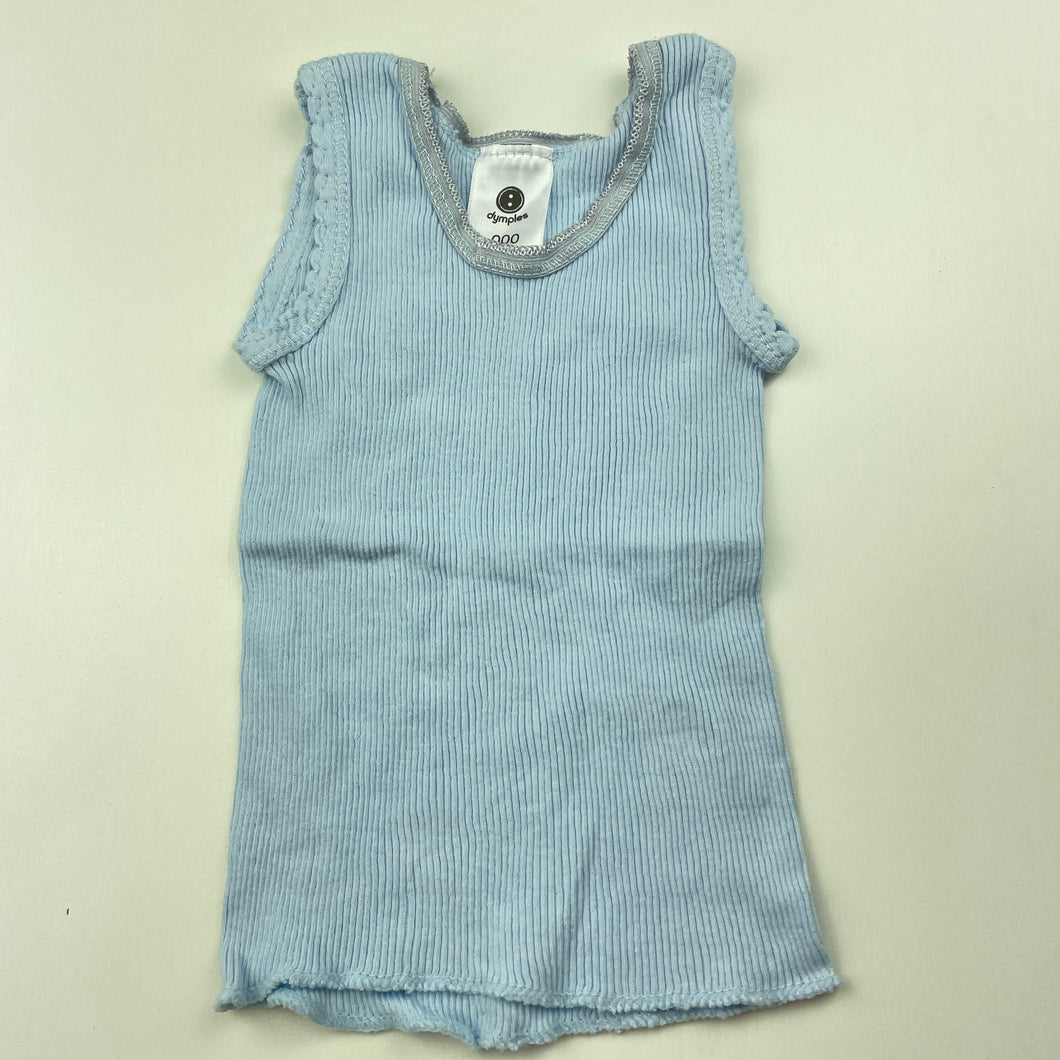 unisex Dymples, blue ribbed cotton singlet top, GUC, size 000,  