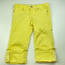 Load image into Gallery viewer, Girls Pumpkin Patch, yellow stretch cotton cropped pants, adjustable, Inside leg: 29.5cm, marks on front, FUC, size 6,  