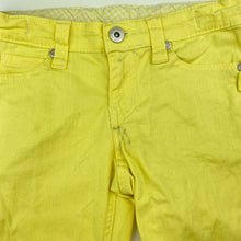 Load image into Gallery viewer, Girls Pumpkin Patch, yellow stretch cotton cropped pants, adjustable, Inside leg: 29.5cm, marks on front, FUC, size 6,  