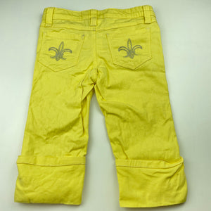 Girls Pumpkin Patch, yellow stretch cotton cropped pants, adjustable, Inside leg: 29.5cm, marks on front, FUC, size 6,  