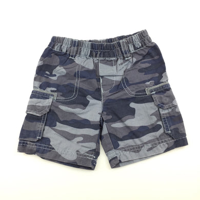 Boys Target, blue cotton camo print cargo shorts, elasticated, GUC, size 00