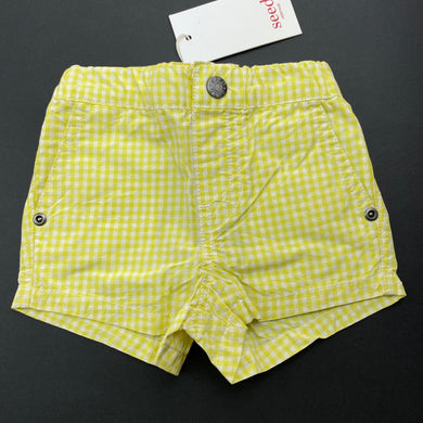 Girls Seed, yellow check lightweight cotton shorts, elasticated, NEW, size 00,  