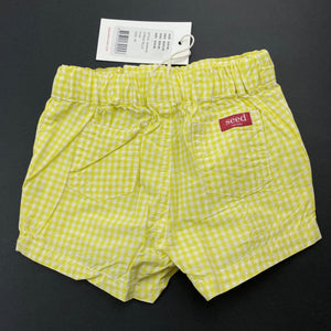 Girls Seed, yellow check lightweight cotton shorts, elasticated, NEW, size 00,  