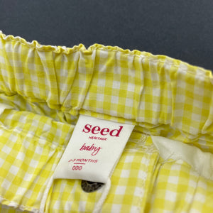 Girls Seed, yellow check lightweight cotton shorts, elasticated, NEW, size 000,  