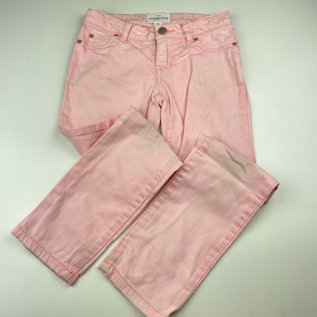 Girls Country Road, pink stretch denim pants, adjustable, marks on knees, Inside leg: 53cm, FUC, size 6,  