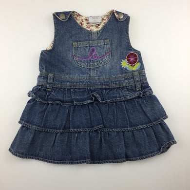 Girls Papoose Layette, denim overalls dress / pinafore, GUC, size 000