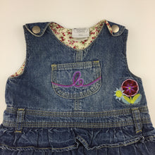 Load image into Gallery viewer, Girls Papoose Layette, denim overalls dress / pinafore, GUC, size 000