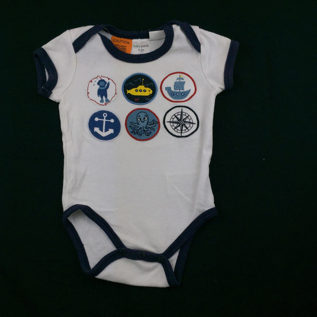 Boys Baby Patch, soft cotton bodysuit / romper, nautical, FUC, size 000