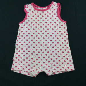 Girls H+T, pink cotton romper / playsuit, hearts, FUC, size 00