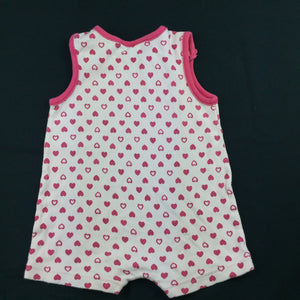 Girls H+T, pink cotton romper / playsuit, hearts, FUC, size 00