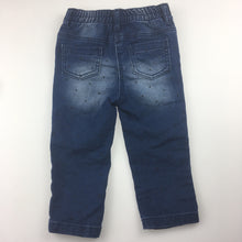 Load image into Gallery viewer, Girls Tiny Little Wonders, blue stretch denim jeans, black spots, elasticated waist, GUC, size 1