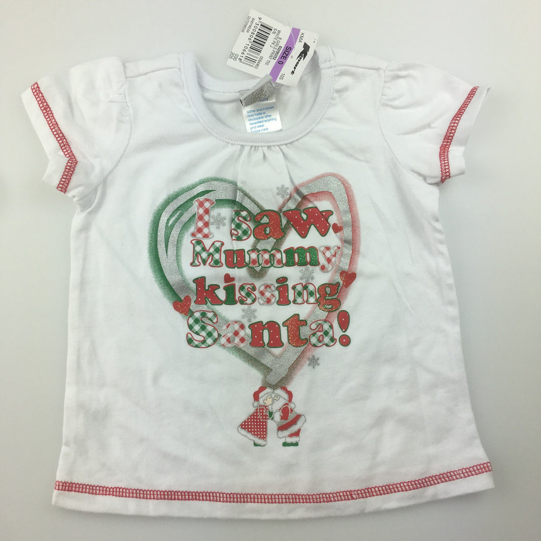 Girls Tiny Little Wonders, white cotton t-shirt / top, mummy kissing Santa, NEW, size 0