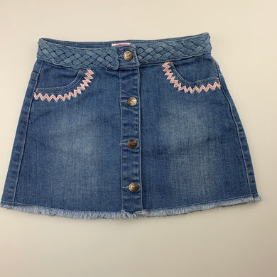 Girls Piping Hot, blue stretch denim skirt, embroidered, adjustable, EUC, size 4