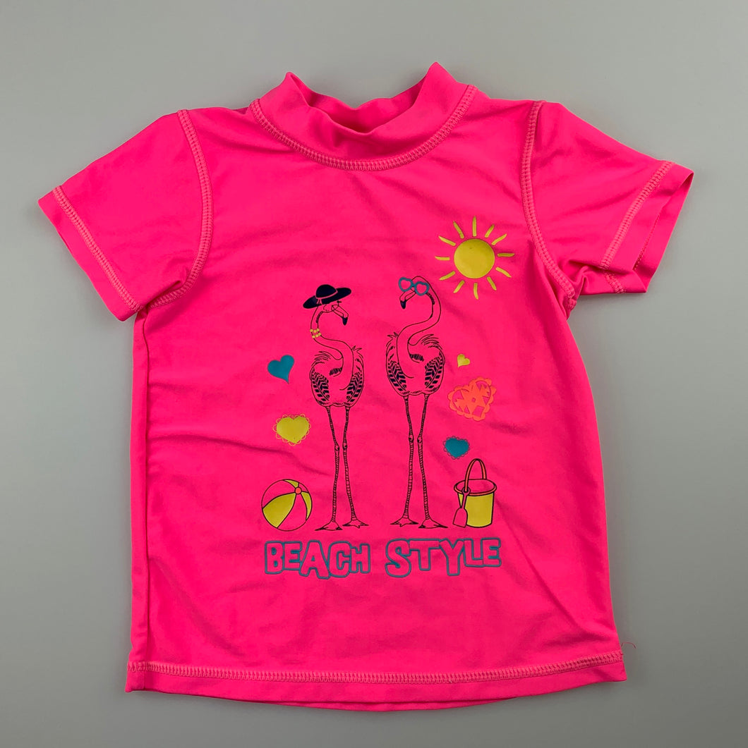 Girls Mango, pink short sleeve rashie / swim top, flamingos, EUC, size 2