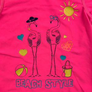 Girls Mango, pink short sleeve rashie / swim top, flamingos, EUC, size 2