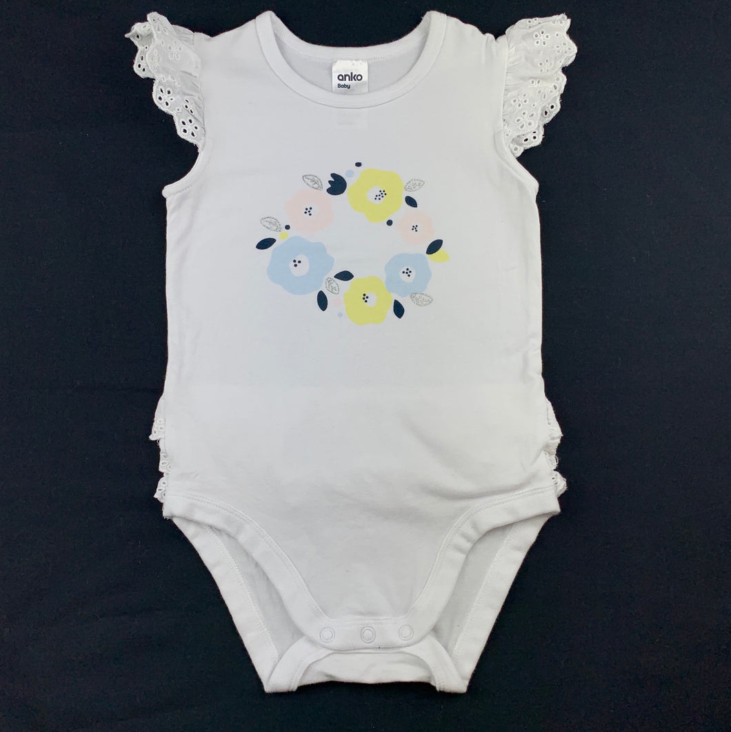 Girls Anko Baby, white stretchy floral bodysuit / romper, EUC, size 1