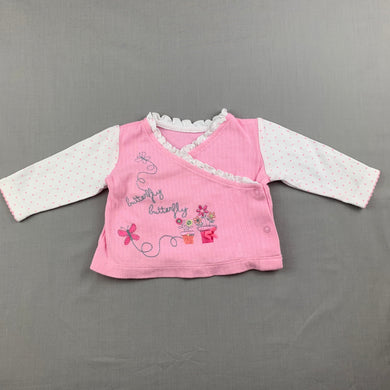 Girls Woolworths, pink cotton cross-over top, butterfly, EUC, size 000