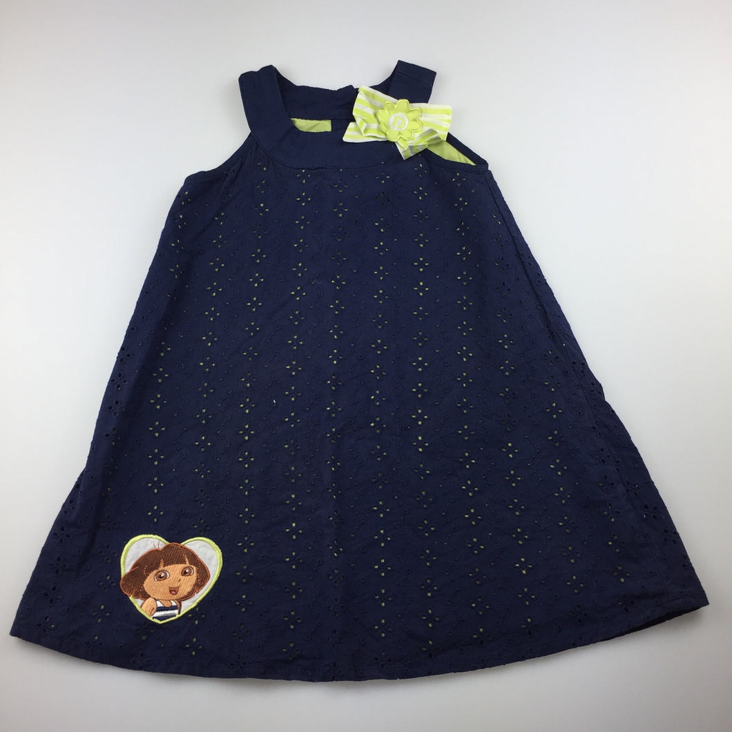 Girls Target, navy cotton broderie Dora dress, GUC, size 4