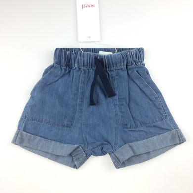 Girls Seed, chambray cotton shorts with elasticated waist, NEW, size 000