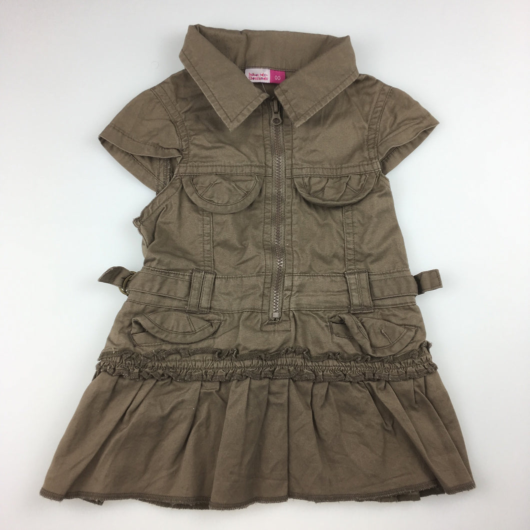 Girls hundreds + thousands, brown cotton shirt / dress, zip up, GUC, size 00