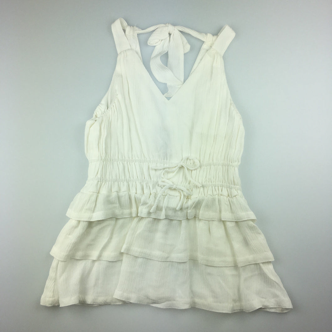 Girls Witchery Girl, white tiered layer sleeveless blouse, gathered drawstring waist, layered hem and a strappy tie back detail, NEW, size 14
