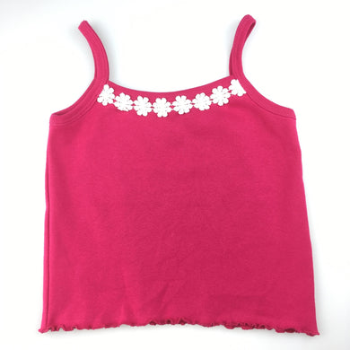 Girls unbranded, hot pink singlet top / t-shirt, white flower trim, EUC, size 6