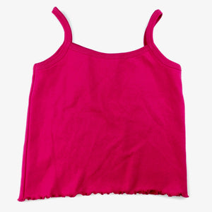 Girls unbranded, hot pink singlet top / t-shirt, white flower trim, EUC, size 6