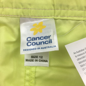 Girls Cancer Council, lime board shorts, UPF 50+, chlorine resistant, NEW, size 12